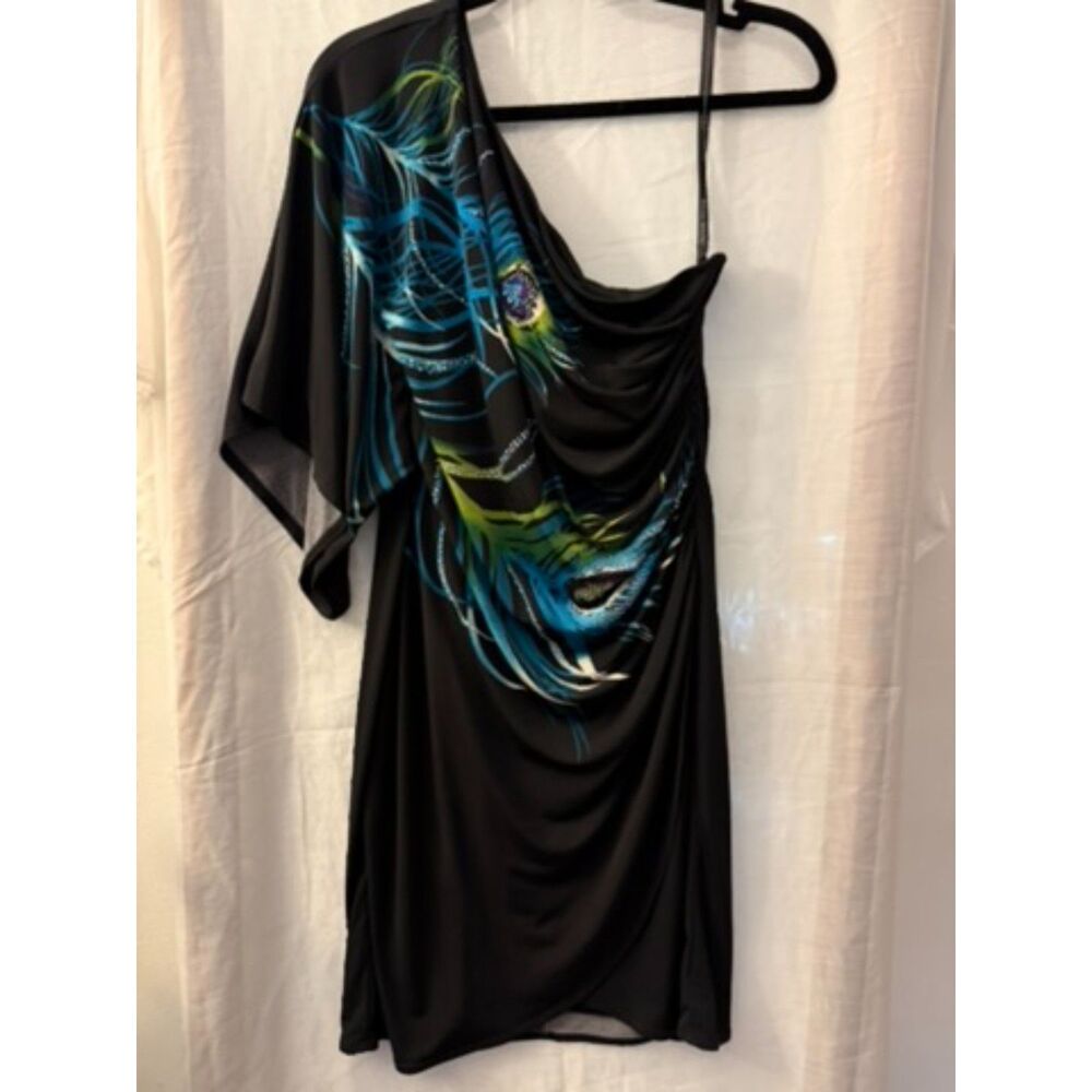 Bisou Bisou Black Peacock Print Asymmetric Drape Dress